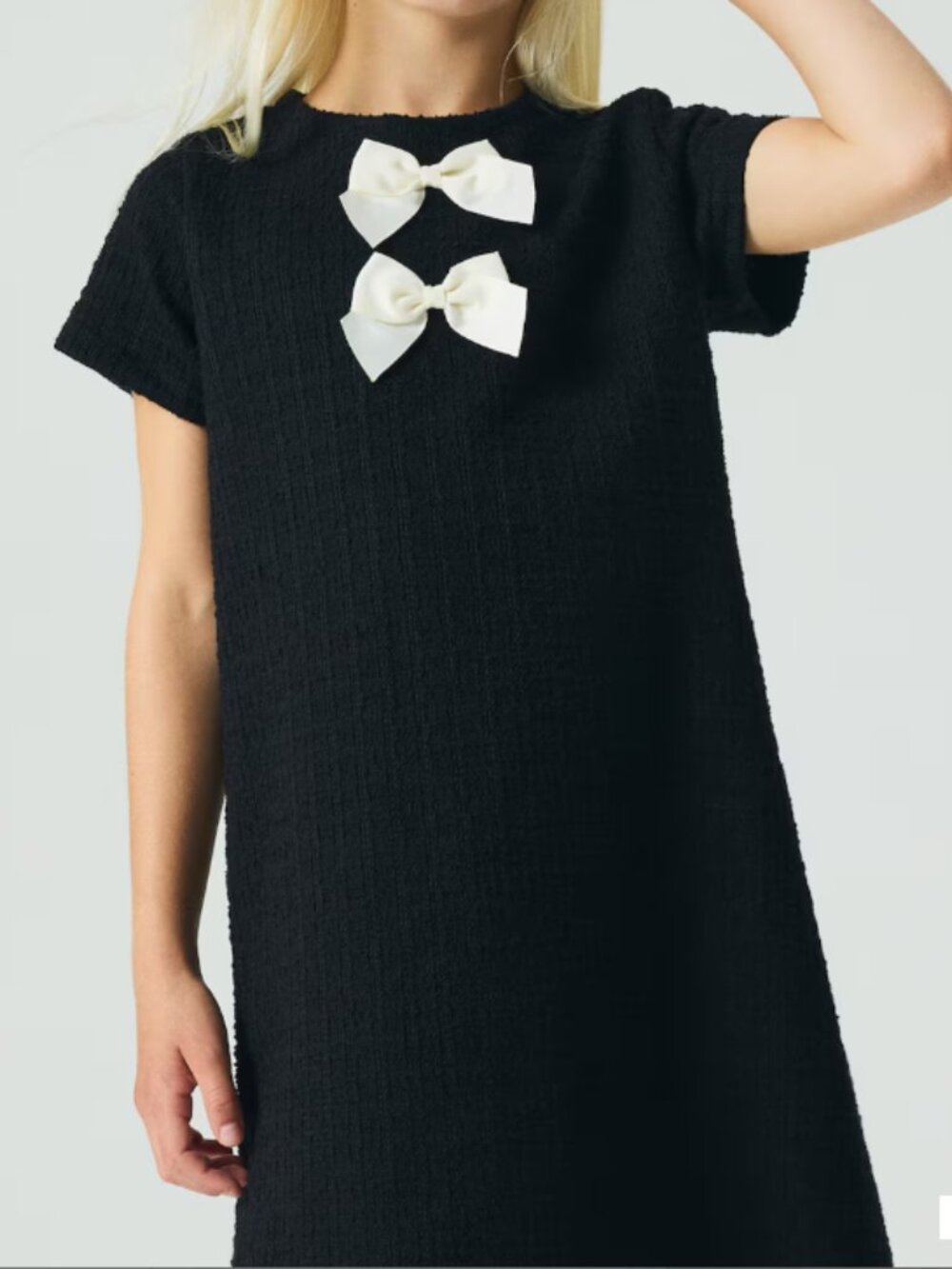 H&M Girls Boucle Jersey Black Dress with Cream Bows - short sleeve